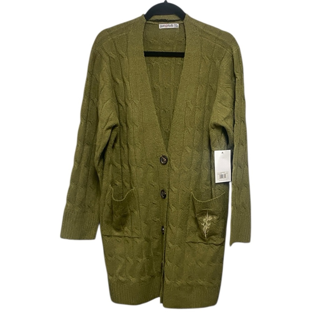 Love in Faith floral cross cable knit Olive Green Long Cardigan XL NWT